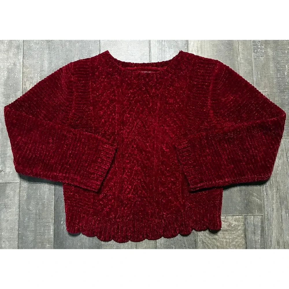 Tommy Bahama Girls Chenille Cable Knit Sweater Scalloped Size S 5/6 Red